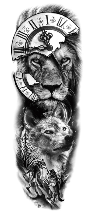 Tatuaje de manga completa en el brazo/hueso Reloj, León y Lobos