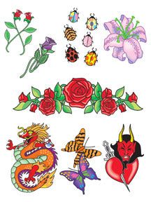 Fleurs, Coléoptères & Dragon Multi Tattoo  (12 Tattoos)