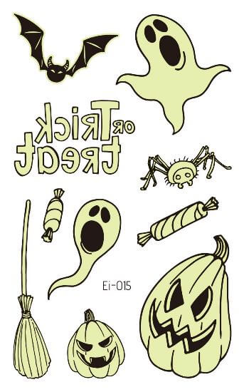 Faux tatouage d'Halloween avec une Citrouille et un Fantôme qui brillent dans le noir.