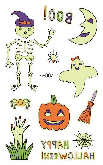 Faux tatouage d'Halloween avec Fantôme amical, Citrouille et Squelette brillant dans le noir.