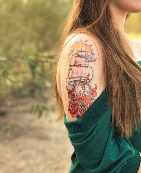 Nautischen Segelboot Sleeve Tattoo