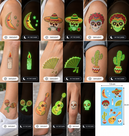 Mexico Glow in the Dark Halloween Fake Tattoo