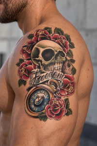 Freedom Crâne & Roses Sleeve Tattoo