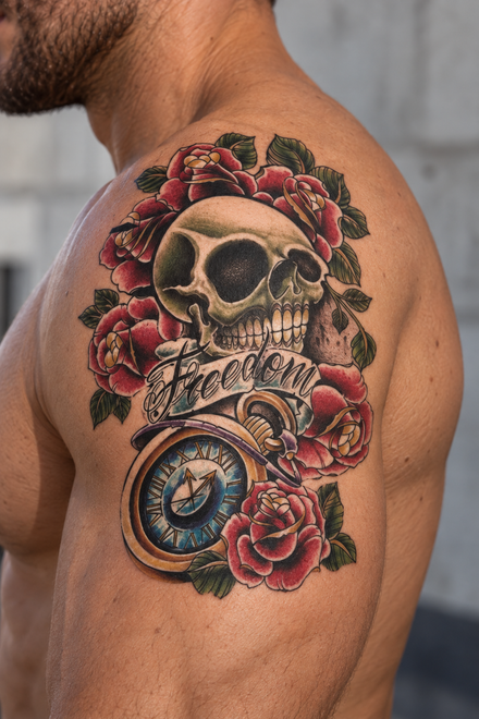 Freedom Schädel & Rosen Sleeve Tattoo