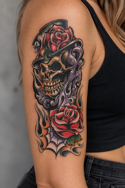 Grim Reaper Colored Sleeve Tattoo