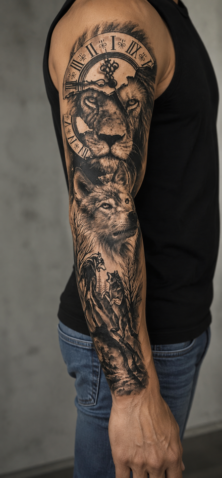 Manica completa del braccio/tatuaggio Orologio Leone e Lupi