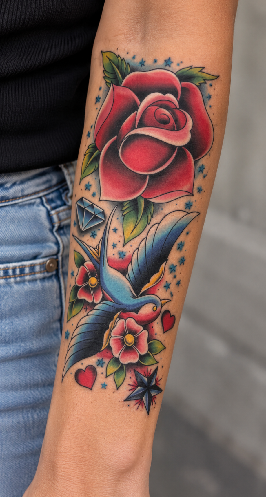 Rose And Swallow Sleeve Tattoo