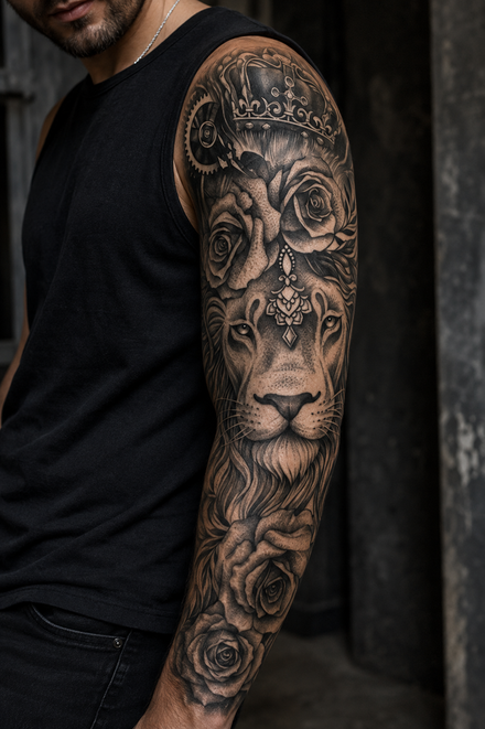 Voller Áûrmel Arm/Knochen Tattoo Löwe Rose