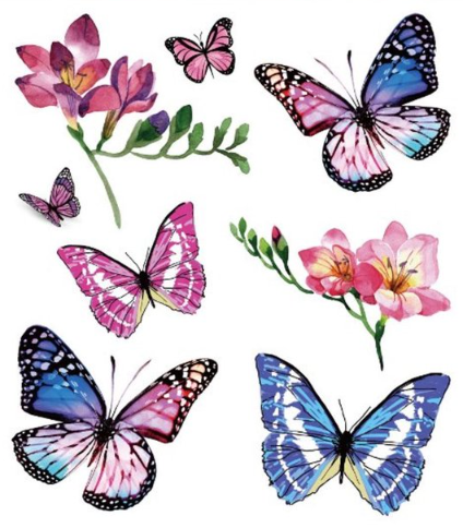 Lila et papillons bleus avec fleurs - Tatouages temporaires (8 Tatouages)