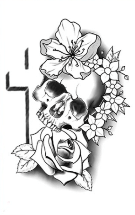 Tatuaje temporal de calavera negra con flores