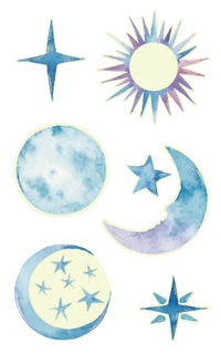 Tatuaje temporal de lunas, soles y estrellas brillantes