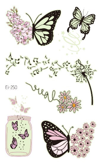 Faux tatouage de Fleur Violette et de Papillon qui brille dans l'Obscurité