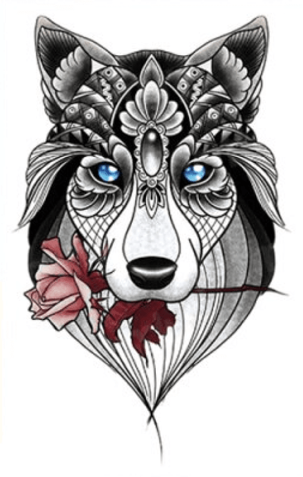 Lobo com tatuagem temporária Rose.