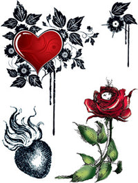Tatuagens Múltiplas Rosas Escuras & Corações (4 Tatuagens)