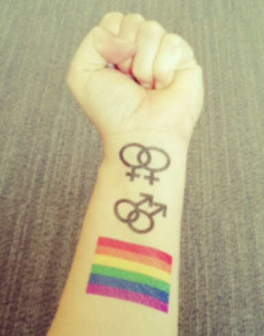 Premium Photo  Vibrant shot of arm with rainbow flag tattoo and thumbs up  as support symbol for pride month lgbtq