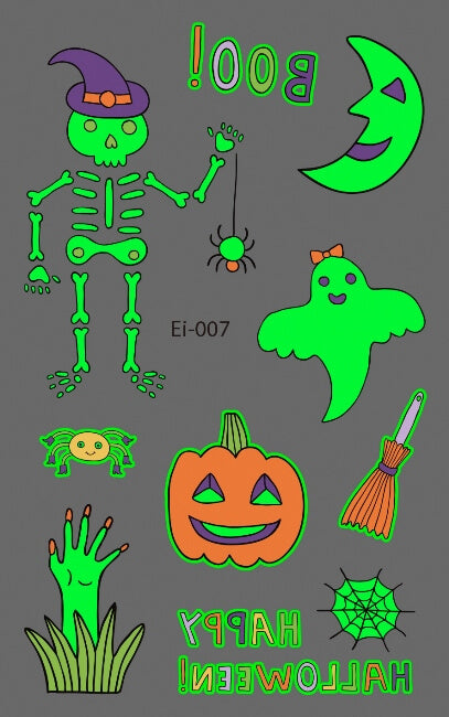 Fantasma Amistoso, Calabaza y Esqueleto que brillan en la oscuridad Tatuaje falso de Halloween