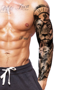 Tattoo bras/os sur la longueur de la manche Horloge, Lion et Lou