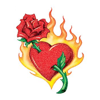 Glitter Flaming Heart And Rose Tattoo