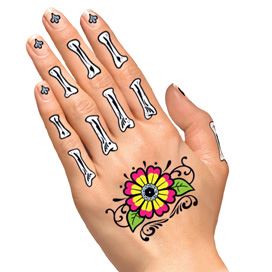 Glitter Flowers Hand Bones Tattoo