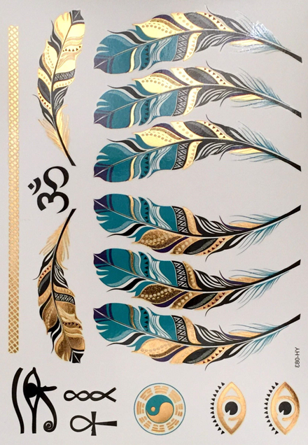 Gold, Green and Black Metallic Feathers (16 Tattoos)