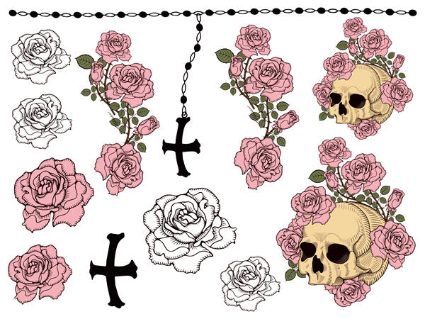 Calaveras & Rosas Rosadas (12 Tatuajes)