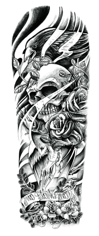 Tatuaje de manga completa en el brazo/hueso Cráneo de Cuervo