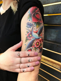 Rose And Swallow Sleeve Tattoo